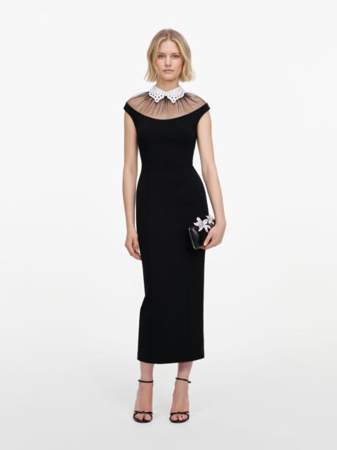 self-portrait Black Crepe Contrast Collar Midi Dress