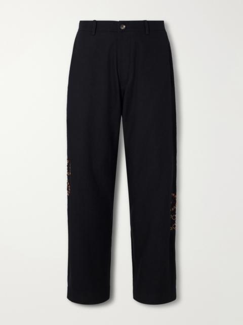 KARTIK RESEARCH Straight-Leg Pleated Bead-Embroidered Wool Trousers