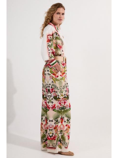 KAREN MILLEN Mirrored Viscose Linen Floral Print With Raffia Belt Woven Trouser