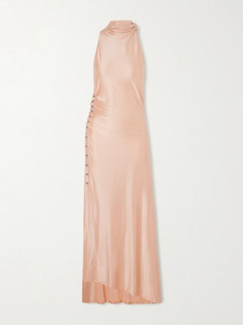 rabanne Embellished Gathered Satin Midi Dress