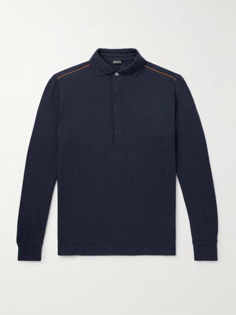 ZEGNA Leather-Trimmed Cotton-Piqué Polo Shirt