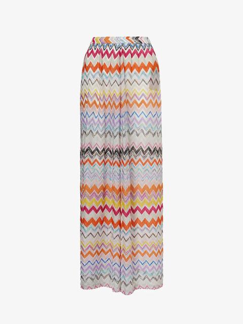 Abstract-pattern wide-leg mid-rise knitted trousers