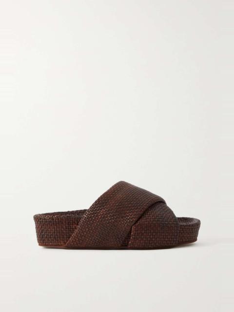 Woven leather platform slides