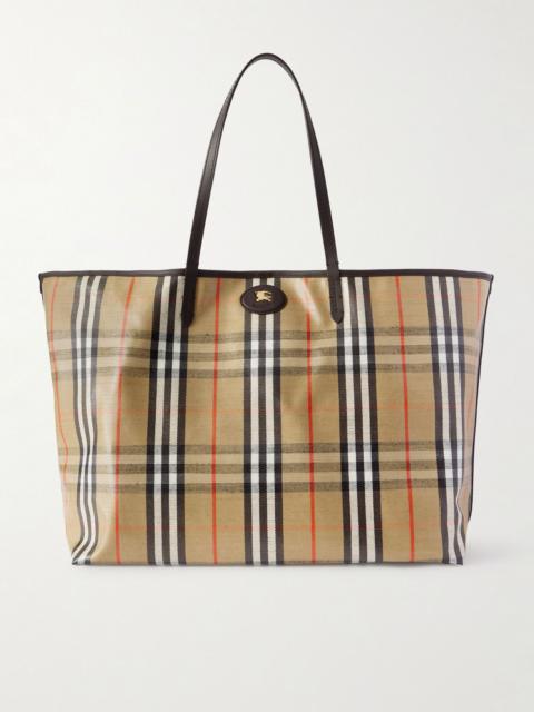 Burberry Full-Grain Leather-Trimmed Checked Coated-Canvas Tote Bag Sand