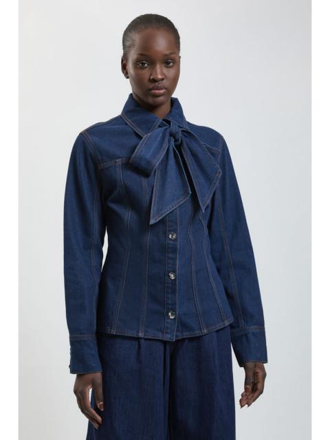 KAREN MILLEN Denim Pussybow Button Down Shirt