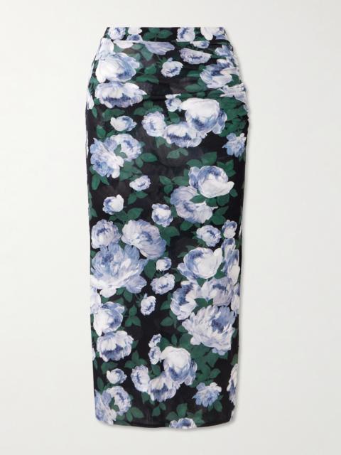 Stella McCartney Ruched Floral-print Stretch-mesh Midi Skirt