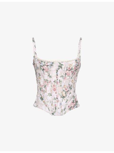 House of CB Cadie Ribbon-Print Cotton Corset Top