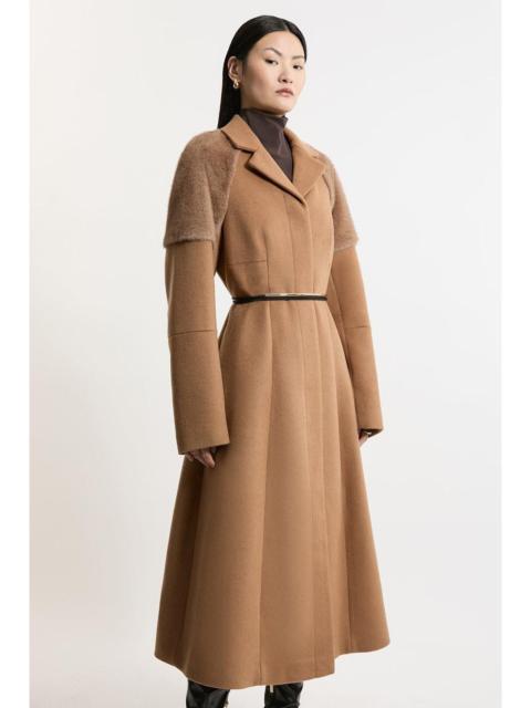 KAREN MILLEN Wool Blend Faux Fur Sleeve Detail Tailored Midaxi Coat
