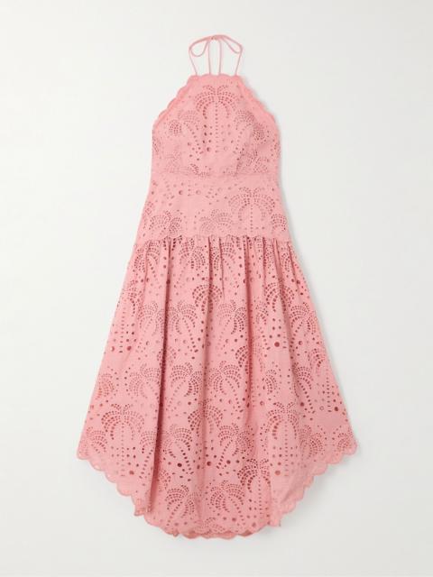 FARM RIO Palm Tree scalloped broderie anglaise cotton midi dress Pink