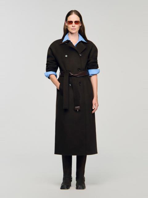 Sandro LONG WOOL AND LEATHER COAT