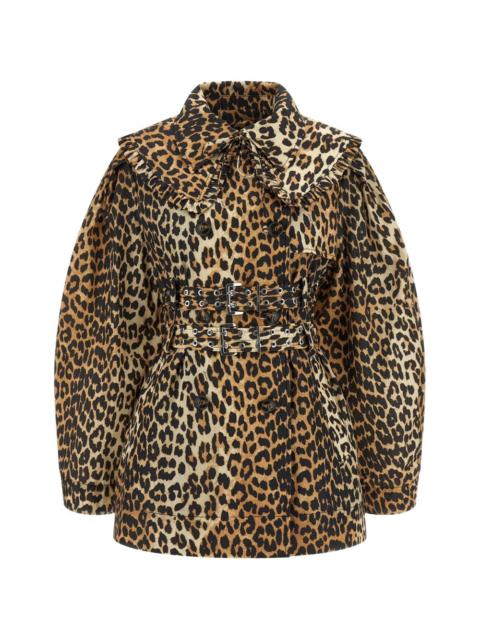 GANNI ruffle leopard trench coat