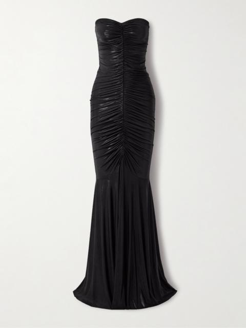 NORMA KAMALI Strapless Metallic Ruched Stretch-jersey Gown