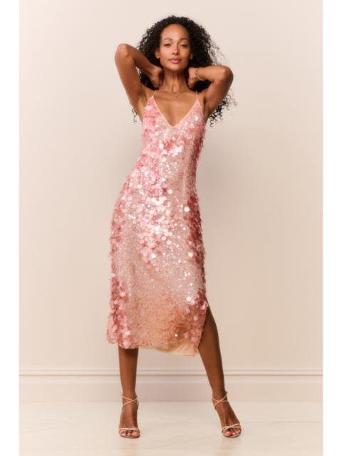 LoveShackFancy Kayleen Peach Sequin Midi Dress