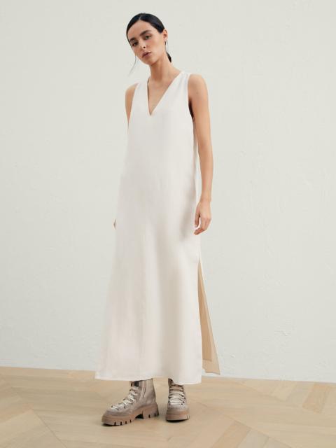 Viscose and linen fluid twill dress with monili