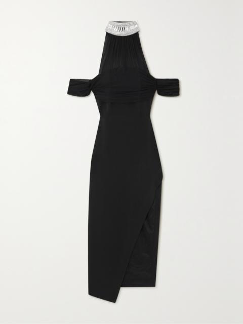 David Koma Cold-shoulder Stretch Tulle-trimmed Embellished Cady Midi Dress
