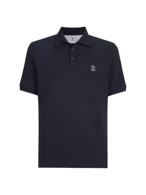 Brunello Cucinelli Men's Cotton Piqué Polo Shirt with Logo - Navy Blue
