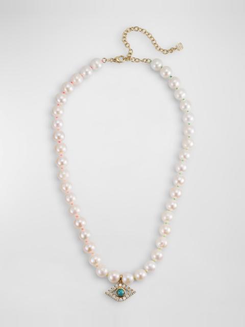 SYDNEY EVAN 14K Large Turquoise Evil Eye Charm on Freshwater Pearl Necklace