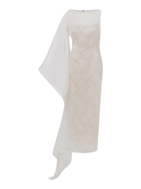 ILA Bea Silk Organza Boat Neck Midi Dress With Inner Lace Detail white