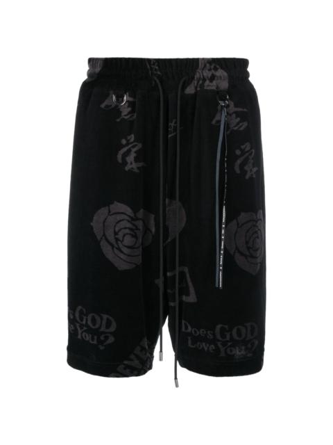 mastermind JAPAN rose-print velour track shorts