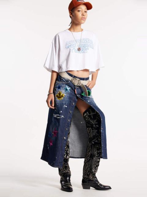 DARK RIPPED METAL PATCH WASH LONG SKIRT