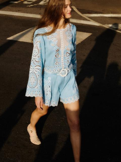 FARM RIO Light Blue Romantic Richelieu Euroflax Premium Linen Blouse