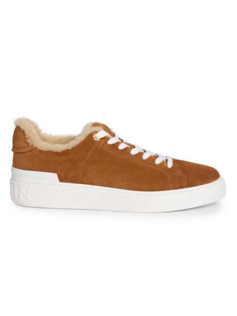 Balmain Men's Court Suede Shearling-Trim Low Sneakers - Beige Clair Came