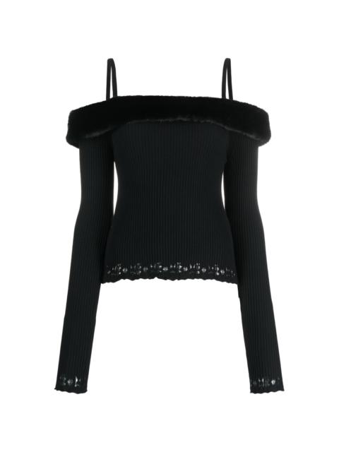 Blumarine faux-fur trim off-shoulder jumper