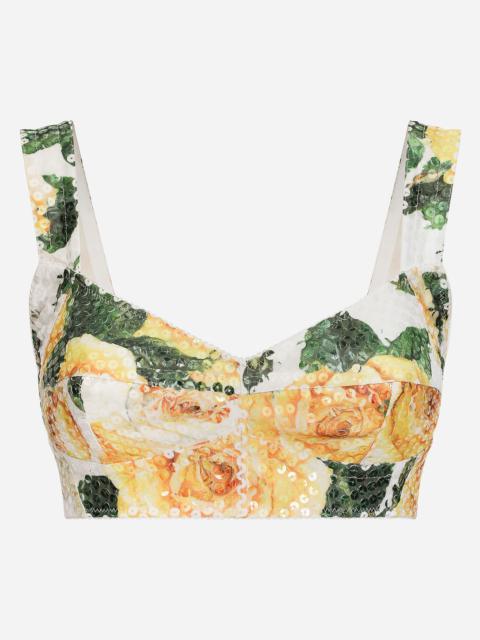 Sequined corset top with yellow rose print