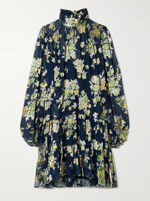 RIXO Anaya pussy-bow devoré-velvet chiffon mini dress Navy