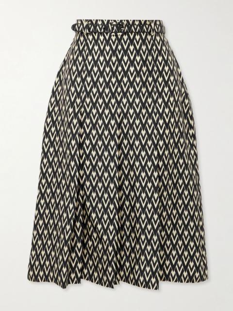 Valentino Belted pleated printed silk-twill midi skirt Black