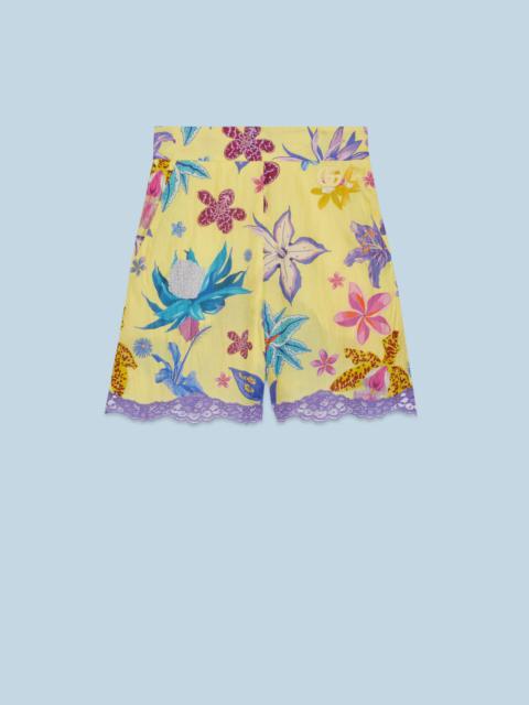 GUCCI Floral palm print cotton silk shorts