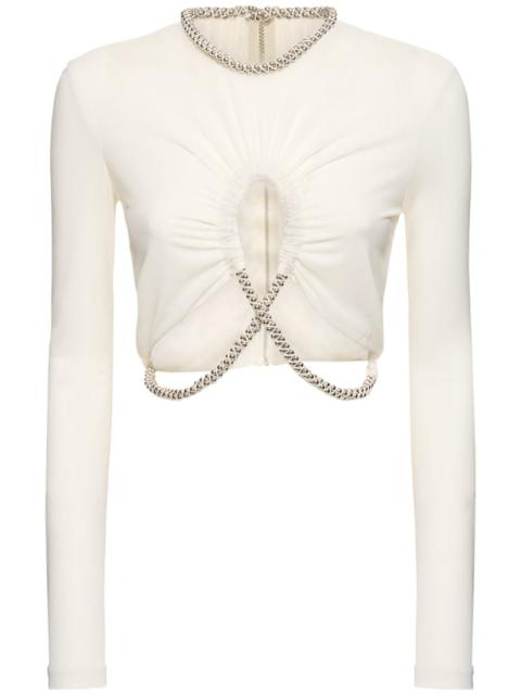 Embellished sheer jersey cropped top