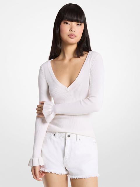 MICHAEL KORS Ribbed Wool Blend V-Neck Sweater