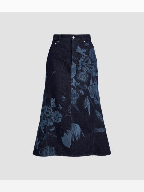 Erdem PRINTED DENIM FLARED MIDI SKIRT