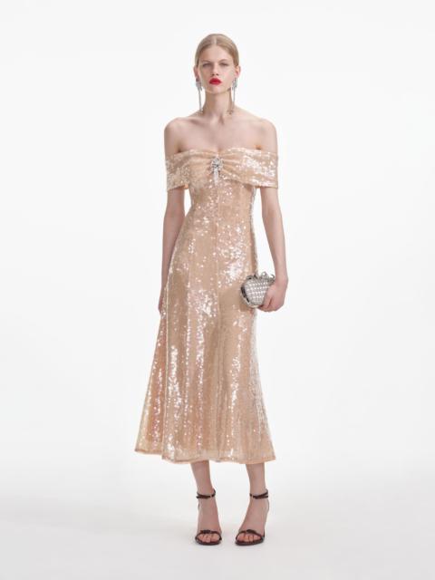 self-portrait Gold Sequin Off Shoulder Midi Dress
