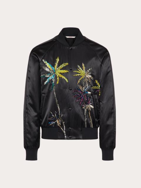 Valentino VISCOSE BOMBER JACKET WITH SEQUIN EMBROIDERED PALM
