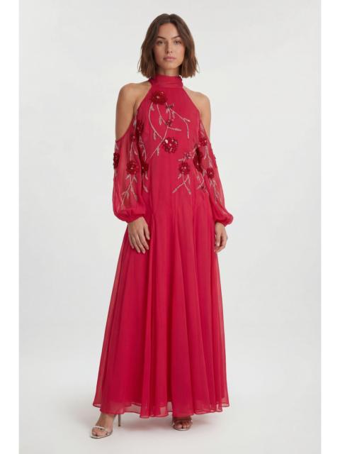 KAREN MILLEN Petite Cold Shoulder 3D Floral Applique Woven Maxi Dress