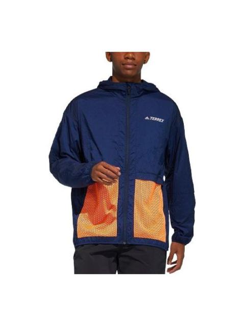 adidas Terrex Bao Pack Windb Outdoor Sports Mesh Contrasting Colors Pocket Hooded Jacket Navy Blue G