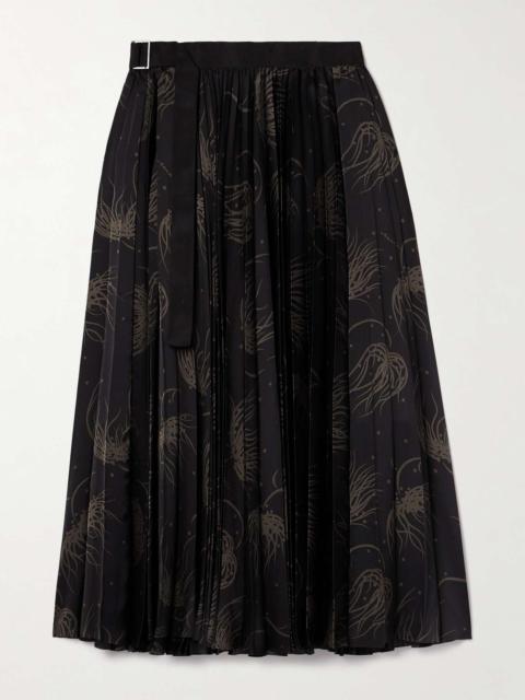 sacai Wrap-effect pleated printed satin midi skirt Black