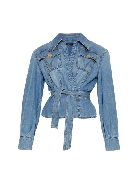 waist-tie denim shirt