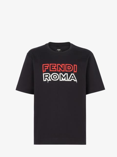 FENDI Short-sleeved, oversize, crew neck T-shirt. Made of black cotton jersey, printed with the Fendi Roma