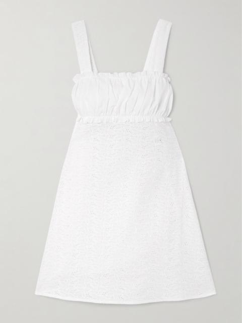 LORETTA CAPONI Nunzia ruched poplin-trimmed and broderie anglaise cotton mini dress White