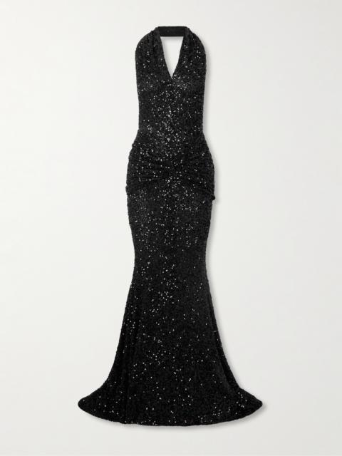 PATOU Draped Sequined Mesh Halterneck Gown