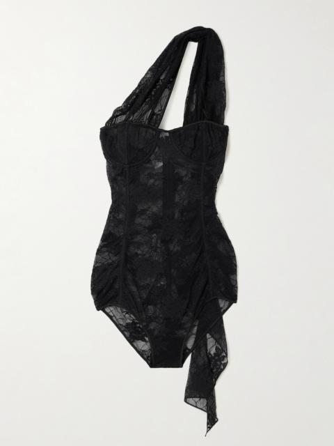 Oséree One-shoulder Draped Stretch-lace Bodysuit