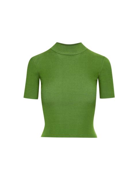 Oscar de la Renta SHORT SLEEVE MOCK NECK RIBBED PULLOVER