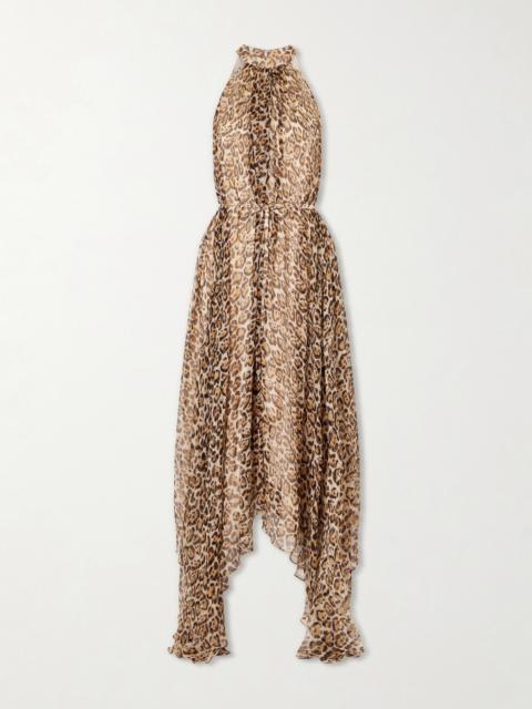 SALONI Irina Asymmetric Belted Leopard-print Silk Halterneck Midi Dress