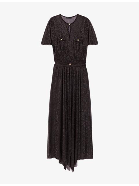 maje Metallic Belted-Waist Woven Maxi Dress
