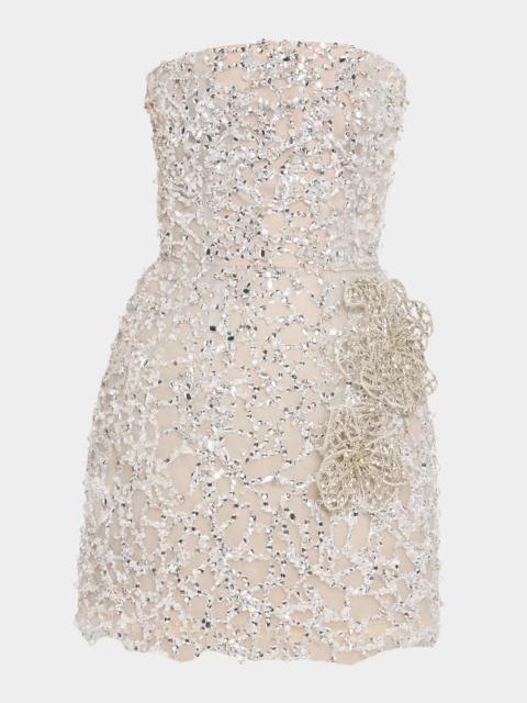 Oscar de la Renta Crystal Leaves Embroidered Strapless Mini Dress