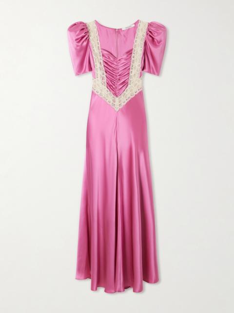RODARTE Ruched Embroidered Lace-trimmed Silk-twill Maxi Dress