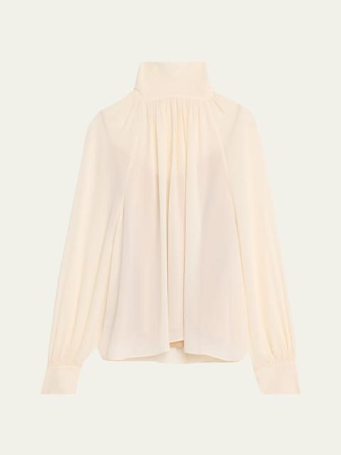 Gathered Long-Sleeve Crepe Blouse